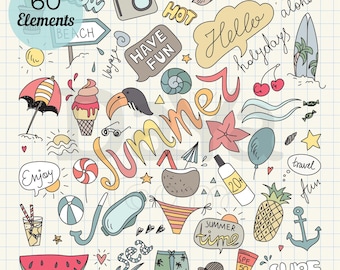 May include: A collection of 60 hand-drawn summer-themed vector elements on a grid background. Features include a camera, beach sign, ice cream, surfboard, pineapple, anchor, sunglasses, sunscreen, bikini, watermelon, and the text Summer, Hello, and Surf.