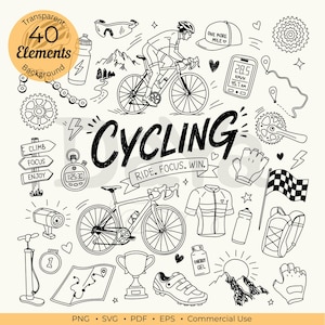 Paquete de imágenes prediseñadas de ciclismo, elementos de ciclismo, carreras de bicicletas PNG SVG EPS, imágenes prediseñadas de garabatos dibujados a mano, elementos de Canva, ilustración vectorial