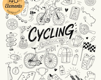 May include: A collection of 40 black and white hand-drawn cycling elements including a cyclist on a road bike, a bicycle, a trophy, a water bottle, a map, a stopwatch, a jersey, a pump, a helmet, and the text Cycling Ride. Focus. Win.
