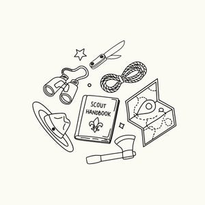Hand drawn scout clipart collection featuring outdoor adventure and camping elements including binoculars, scout hat, scout handbook, map, rope knot, pocket knife, axe, and decorative stars. Clean digital line art and outline doodle illustration style, perfect for Canva elements, scouting projects, camping activities, hiking graphics, educational resources, planners, stickers, printables, outdoor branding, and commercial use design projects.
