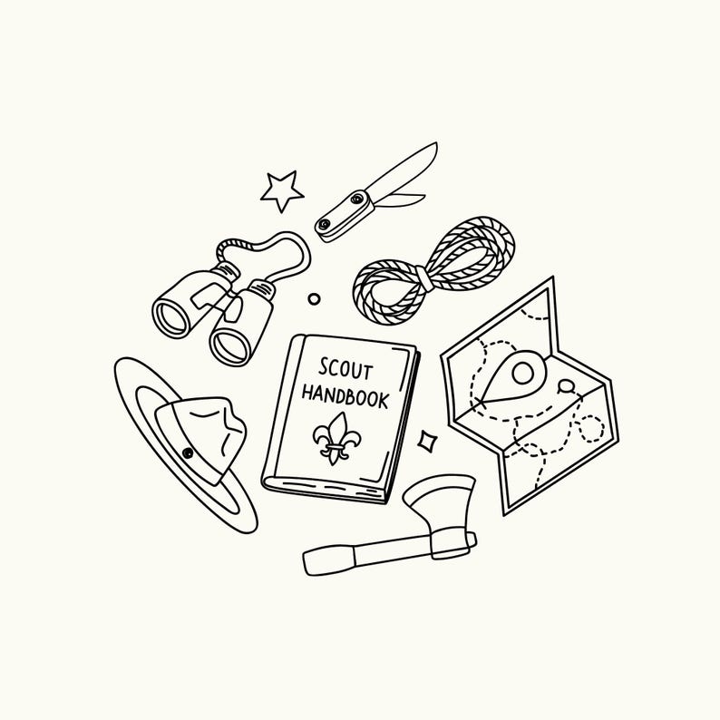 Hand drawn scout clipart collection featuring outdoor adventure and camping elements including binoculars, scout hat, scout handbook, map, rope knot, pocket knife, axe, and decorative stars. Clean digital line art and outline doodle illustration style, perfect for Canva elements, scouting projects, camping activities, hiking graphics, educational resources, planners, stickers, printables, outdoor branding, and commercial use design projects.