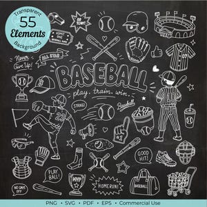 Könnte beinhalten: Eine Sammlung von 55 weißen Baseball-Elementen als Strichzeichnung auf schwarzem Tafelhintergrund. Enthält Illustrationen von Spielern, Schlägern, Bällen, Handschuhen, Helmen, Trophäen, einem Stadion und Text wie BASEBALL, play, train, win und HOMERUN.