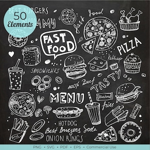 May include: A chalkboard-style illustration featuring various fast food items in white, including burgers, pizza, fries, and drinks. Text elements include "Fast Food," "Menu," and "Best Burgers." The image has a vintage, hand-drawn aesthetic.