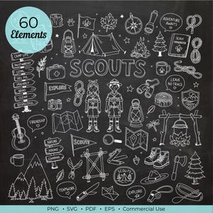 May include: A collection of 60 white line art illustrations on a black background featuring scout-themed icons including a tent, campfire, compass, maps, binoculars, a guitar, trees, mountains, and two scout figures with the text SCOUTS.