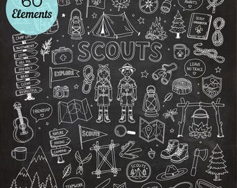 May include: A collection of 60 white line art illustrations on a black background featuring scout-themed icons including a tent, campfire, compass, maps, binoculars, a guitar, trees, mountains, and two scout figures with the text SCOUTS.