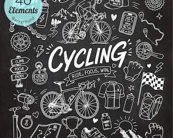May include: A collection of white line art illustrations on a black background featuring cycling gear, including bicycles, a cyclist, a water bottle, a trophy, a map, a stopwatch, a jersey, gloves, a pump, and the text Cycling Ride. Focus. Win.