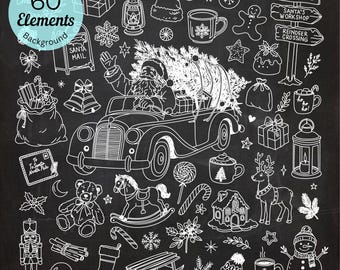 May include: A collection of 60 white line art Christmas elements on a black background, featuring Santa Claus driving a car with a tree, a nutcracker, a teddy bear, a rocking horse, a snowman, gifts, lanterns, mugs, and North Pole signs.