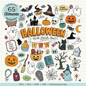 Puede incluir: Una colección de 65 ilustraciones digitales dibujadas a mano con temática de Halloween sobre un fondo de cuadrícula. Los elementos incluyen calabazas, fantasmas, un gato negro, una casa embrujada, un libro de hechizos, un ataúd, una escoba y texto.