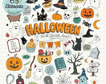 May include: A collection of 65 hand-drawn Halloween-themed digital elements including ghosts, pumpkins, a haunted house, a black cat, a spell book, and bats. The central text reads HALLOWEEN, trick, treat, boo, and other phrases.