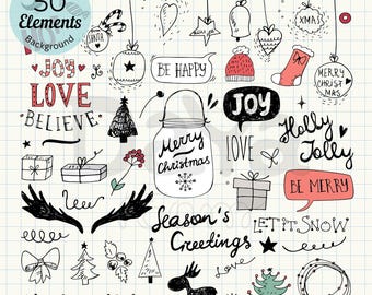 May include: A collection of 50 hand-drawn Christmas-themed illustrations on a grid background, including a mason jar with Merry Christmas text, various ornaments, trees, gifts, reindeer, and festive phrases like Joy, Love, and Be Merry.