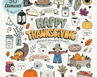 May include: A collection of 50 Thanksgiving-themed digital illustrations on a grid background, featuring a turkey, pumpkins, a scarecrow, pies, mugs, and banners with the text Happy Thanksgiving, Grateful, Thankful, Blessed, and Give Thanks.