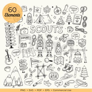 Puede incluir: Una colección de 60 ilustraciones de arte lineal en blanco y negro con temas de escultismo. Los elementos incluyen una tienda de campaña, fogata, brújula, mochila, manual scout, binoculares, guitarra, mapas, árboles y dos figuras de scouts.