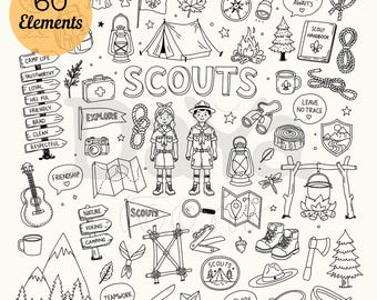May include: A collection of 60 black and white line art illustrations featuring scouting themes, including a tent, campfire, compass, backpack, guitar, maps, binoculars, lanterns, a canoe, hiking boots, an axe, and two scout figures in uniform.