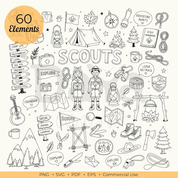 Scouts Clipart Bundle, Hand Drawn Scout Doodle PNG SVG, Canva Elements, Digital Line Art, Outline Camping Graphics, Vector Illustration