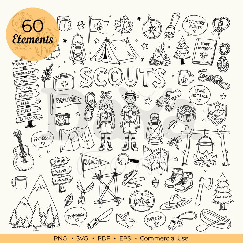 Hand drawn scouts clipart bundle featuring 60 camping and outdoor adventure elements including tents, campfires, compasses, lanterns, ropes, maps, scout uniforms, mountains, hiking signs, backpacks, binoculars, axes, whistles, and nature icons. Digital line art and outline doodle illustrations in vector style, perfect for Canva elements, scouting activities, educational materials, camping projects, planners, stickers, printables, and commercial design use.