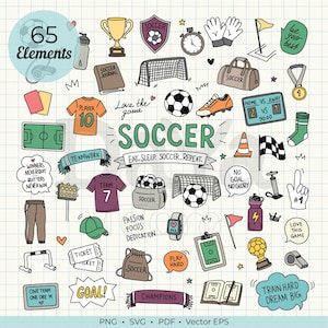Puede incluir: Ilustración dibujada a mano con elementos de fútbol. Incluye balones, camisetas, porterías, trofeos y textos como "Soccer", "Goal" y "Champions". El diseño es colorido y adecuado para los aficionados al deporte.