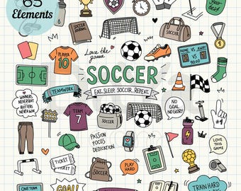 May include: A collection of 65 hand-drawn soccer-themed illustrations on a grid background, including a trophy, soccer ball, goal net, jersey, whistle, cleats, water bottle, scoreboard, and various motivational text bubbles like Eat. Sleep. Soccer. Repeat.
