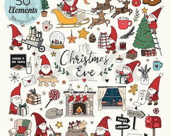 May include: A collection of 50 hand-drawn Christmas-themed illustrations featuring gnomes, Santa in a sleigh with reindeer, a decorated tree, a fireplace with stockings, gifts, a mailbox, and the text It's Christmas Eve.