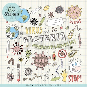 Könnte beinhalten: Eine Sammlung von 60 handgezeichneten Illustrationen mit verschiedenen Viren, Bakterien und medizinischen Gegenständen auf einem Rasterhintergrund. Der Text umfasst 60 Elements, Virus & Bacteria, Microorganisms, Protection, Prevention, Stop und Test.