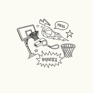 Hand drawn basketball doodle illustration featuring a basketball hoop, net, flying basketball with flame trail, whistle, star, lightning bolt, and motivational text bubbles reading “Focus” and “Dunk!”. Clean digital line art and outline vector clipart style, perfect for Canva elements, basketball-themed designs, sports branding, team merchandise, stickers, planners, social media graphics, and printable projects.