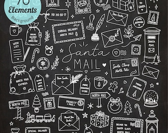 May include: A collection of 70 white line art illustrations on a black background featuring Christmas-themed elements like Santa mail, envelopes, gift boxes, stamps, a mailbox, a train, a snow globe, and holiday text including Santa Claus North Pole.