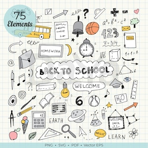 Hand-Drawn Back to School Clipart Bundle, Teacher Resources, Classroom Decor, Education Doodle, School Graphics, Canva Elements PNG SVG