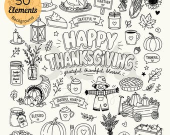 May include: A collection of 50 black and white line art Thanksgiving elements including a turkey, pumpkin, scarecrow, pie, corn, and mugs. The central text reads Happy Thanksgiving, grateful, thankful, blessed, with various autumn-themed icons.