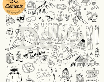 May include: A collection of 50 black and white hand-drawn doodle elements featuring skiing themes. Includes skiers, mountains, ski lifts, snowboards, goggles, helmets, boots, a snowman, a lodge, mugs, and text like SKIING and Life is Better on Skis.