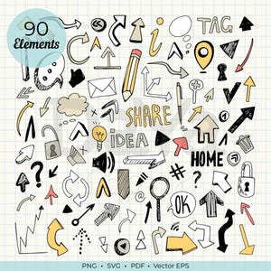 May include: A collection of 90 hand-drawn elements, including arrows, speech bubbles, and icons, in black, yellow, and gray. The words "SHARE", "IDEA", and "HOME" are also included. The background is a grid pattern.