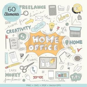 Home Office Clipart Bundle, Hand Drawn Freelance Doodles, Work From Home Icons PNG SVG, Online Business Set, Canva Elements