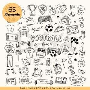 Football Clipart Bundle, Hand Drawn Football Doodles, Canva Elements, Digital Line Art, Outline Clipart, Vector Illustration, PNG SVG
