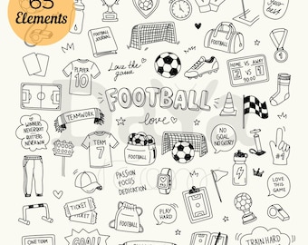 May include: A collection of 65 black and white hand-drawn football-themed doodle elements including a trophy, soccer balls, jerseys, goal nets, whistles, a scoreboard, and motivational text bubbles like "Train hard dream big" and "No goal no glory."