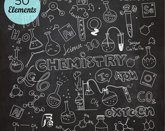 Può includere: Una collezione di 50 illustrazioni bianche disegnate a mano a tema chimico su sfondo nero, che include vetreria da laboratorio come becher e matracci, formule chimiche, elementi della tavola periodica e il testo Chemistry, Science e Oxygen.