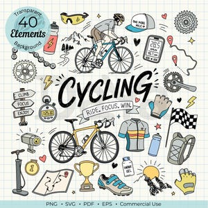 Cycling Clipart Bundle, Hand Drawn Cycling Doodle Elements, Bicycle Canva Elements, Road Bike Vector Illustration, Digital Line Art PNG SVG