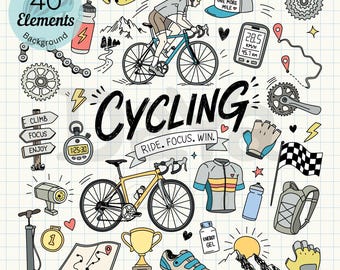 May include: A collection of 40 cycling-themed hand-drawn illustrations on a grid background, featuring bicycles, a cyclist, a trophy, a map, a water bottle, a stopwatch, a jersey, shoes, gloves, and the text Cycling, Ride, Focus, Win.
