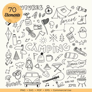 May include: A collection of 70 black and white line art camping elements including a tent, compass, torch, camera, axe, lantern, guitar, van, and various nature icons. The text includes "70 Elements", "ADVENTURES", "forest", "BEAN", "CAMPING", "SUMMER CAMP", "SCOUTING", and "ROAD TRIP".