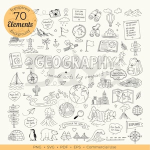 Peut inclure: Une collection de 70 éléments de gribouillages dessinés à la main en noir et blanc sur le thème de la géographie, incluant un globe, une boussole, des montagnes, un volcan, un navire, un sac à dos et des cartes. Texte : GEOGRAPHY.