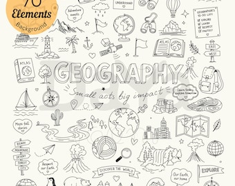 Geography Chalkboard Clipart Bundle, Hand Drawn Geography Doodles, Classroom Geography Elements, Canva Elements, PNG SVG EPS