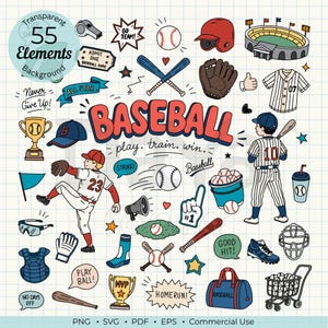 May include: A collection of 55 baseball-themed illustrations on a grid background, featuring players, bats, balls, gloves, helmets, trophies, and text elements like BASEBALL, GO TEAM, ALL STAR, PLAY BALL, GOOD HIT, and HOMERUN in various colors.