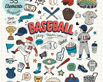 May include: A collection of 55 baseball-themed illustrations on a grid background, featuring players, bats, balls, gloves, helmets, trophies, and text elements like BASEBALL, GO TEAM, ALL STAR, PLAY BALL, GOOD HIT, and HOMERUN in various colors.