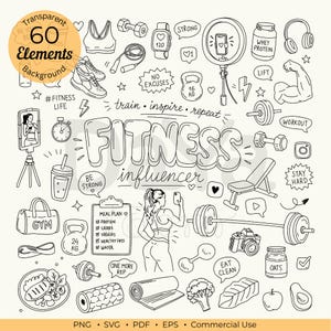 Puede incluir: Una colección de 60 ilustraciones de fitness dibujadas a mano en blanco y negro, incluyendo una barra, pesas rusas, mancuernas, una esterilla de yoga, un plan de comidas, una cámara y un teléfono en un trípode, con el texto "FITNESS influencer".