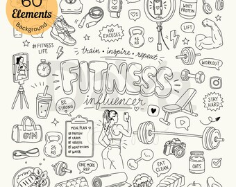 May include: A collection of 60 black and white fitness-themed line art illustrations featuring gym equipment, healthy food, and motivational text like "Fitness Influencer," "No Excuses," "Train, Inspire, Repeat," and "Meal Plan."