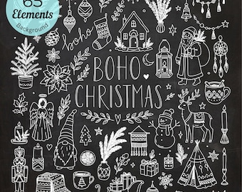 May include: A collection of 65 white line art illustrations on a black background, featuring Christmas and holiday themes including a house, Santa Claus, a reindeer, a snowman, a nutcracker, an angel, gifts, candles, and text reading BOHO CHRISTMAS.