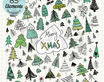 May include: A digital collection of 85 hand-drawn tree illustrations on a grid background. The set features various evergreen shapes in shades of green, black, and yellow, with a central cloud-shaped graphic containing the text Merry XMAS.