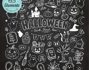 May include: A collection of 65 white line art Halloween-themed illustrations on a black background, including ghosts, pumpkins, a haunted house, a witch hat, a spell book, a cat, and text such as HALLOWEEN, trick treat boo, and EEK.