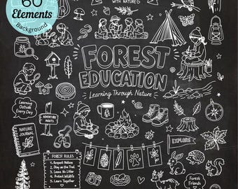 May include: A collection of 60 white line art illustrations on a black chalkboard background featuring forest-themed elements like children exploring, a campfire, a tent, animals, and text including FOREST EDUCATION and Learning Through Nature.