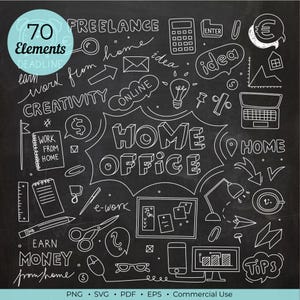 Könnte beinhalten: Eine Sammlung von 70 handgezeichneten weißen Doodle-Elementen auf schwarzem Tafelhintergrund, mit Symbolen wie Laptop, Glühbirne, Taschenrechner, Schere und Texten wie HOME OFFICE, CREATIVITY und EARN MONEY FROM HOME.