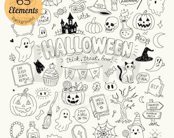 May include: A collection of 65 black and white Halloween-themed doodle illustrations including ghosts, pumpkins, a haunted house, a witch hat, a skull, a cat, a spell book, a coffin, and text elements like HALLOWEEN, trick or treat, and boo.