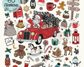 May include: A collection of 60 Christmas-themed digital illustrations featuring Santa Claus in a red car, a snowman, a reindeer, a nutcracker, gifts, ornaments, candy canes, hot cocoa mugs, a gingerbread house, and North Pole signs.