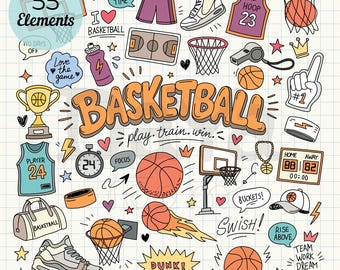 May include: A collection of 55 basketball-themed doodle elements on a grid background, featuring balls, hoops, jerseys, trophies, sneakers, and text including "BASKETBALL", "play. train. win.", "DUNK!", "SWISH!", "GAME TIME", and "TEAM WORK DREAM WORK".